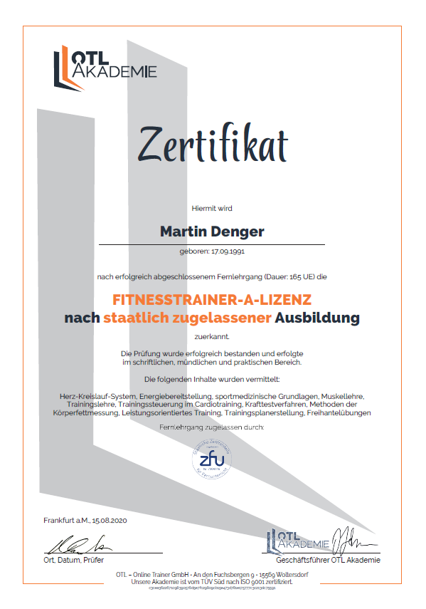 Urkunde zum Fitnesstrainer A-Lizenz