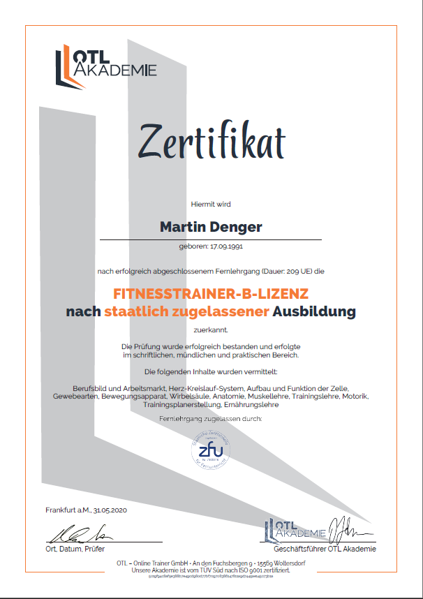 Urkunde zum Fitnesstrainer B-Lizenz