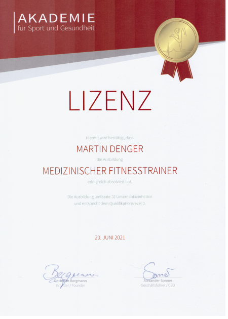 Urkunde zum medizinischen Fitnesstrainer